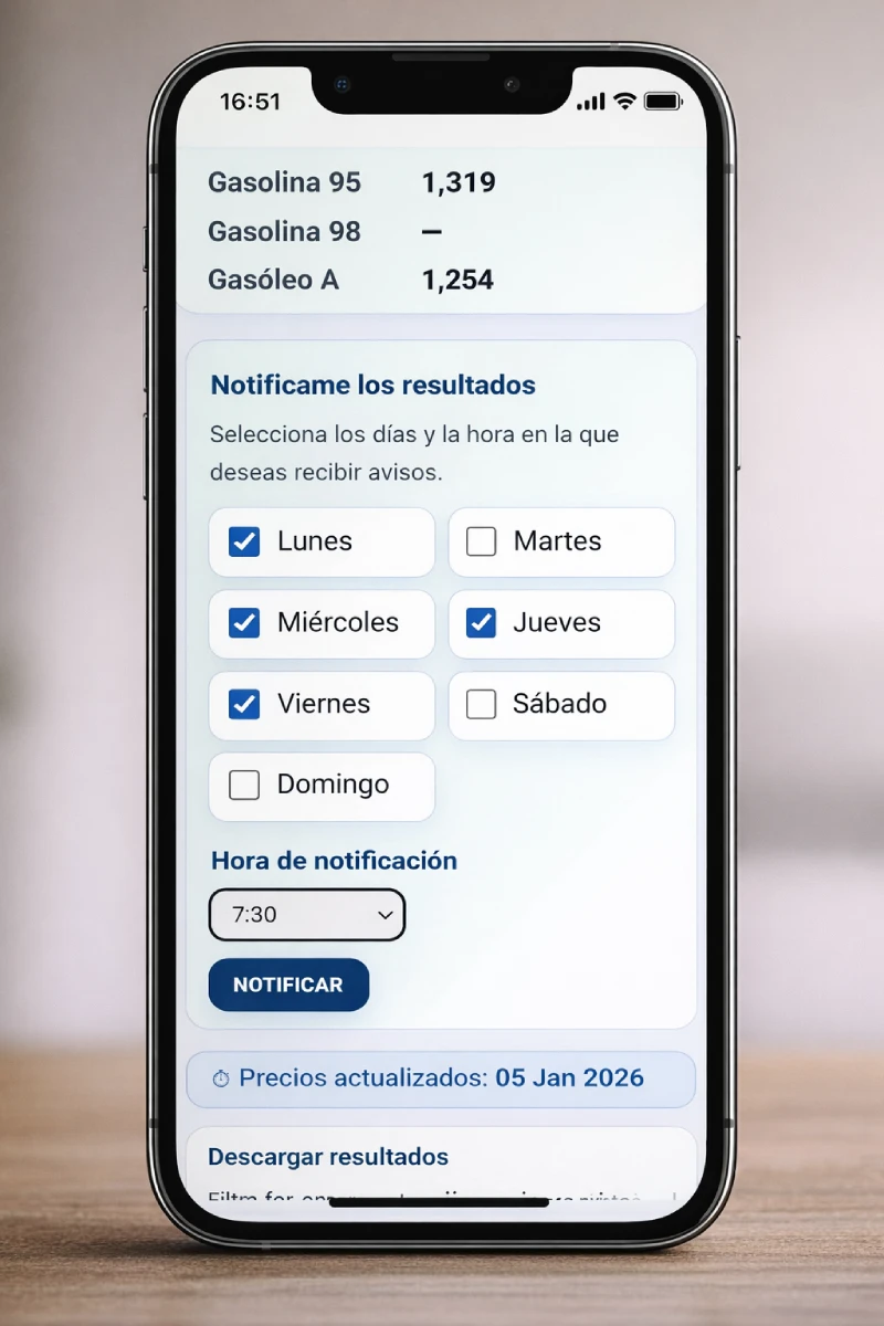 Elige días y hora y recibe avisos periódicos con los resultados.